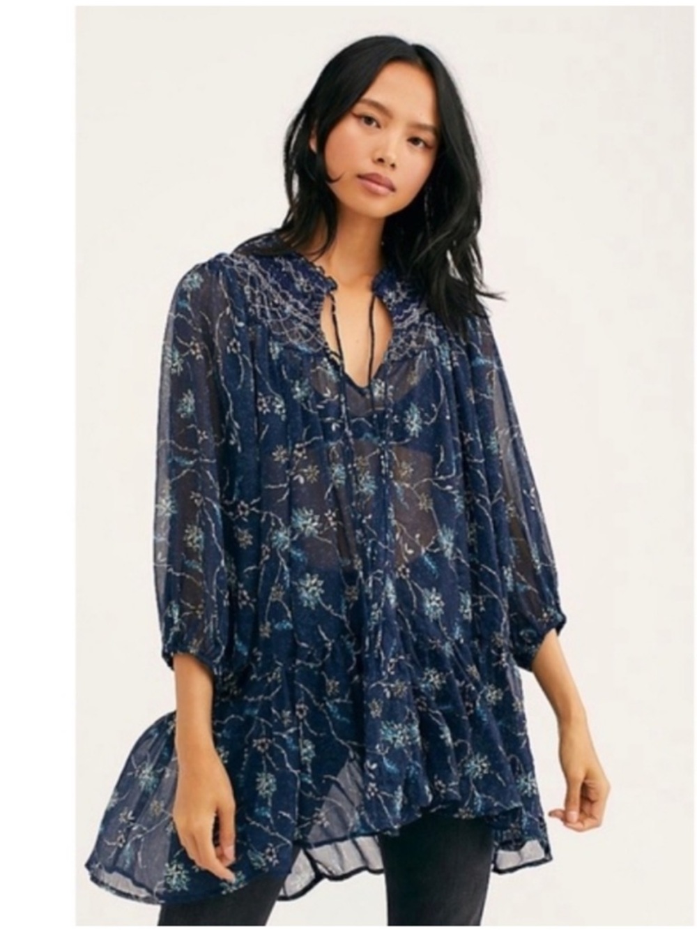 Free People Keeping Up With Kara Navy Blue Floral Smocked Tunic Dress Small